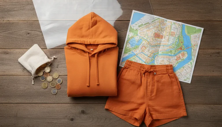 Een overzicht van oranje kleding, kleingeld en een stadsplattegrond als voorbereiding op Koningsdag.