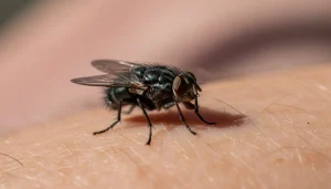 Een close-up van een kriebelmug op een menselijke huid die laat zien hoe klein en onopvallend het insect is.