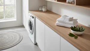 Laurierblaadjes naast een stapel schone handdoeken en een wasmachine