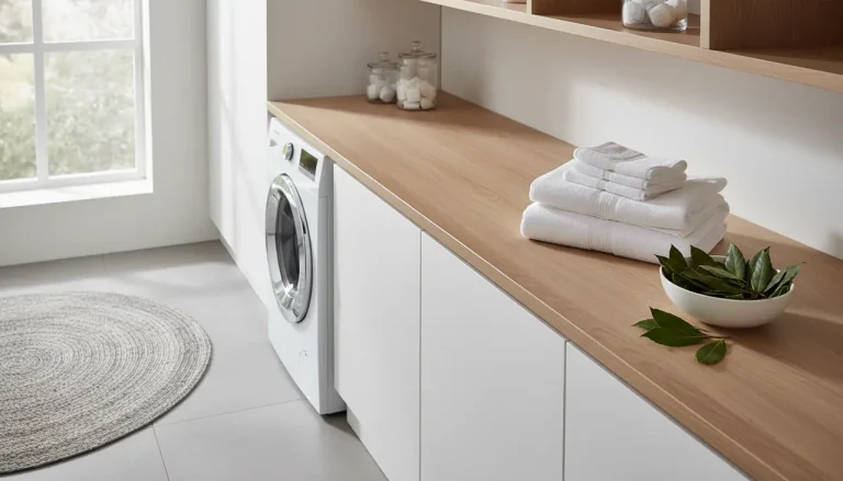 Laurierblaadjes naast een stapel schone handdoeken en een wasmachine