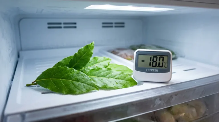 Verse laurierblaadjes in een moderne schone vriezerlade voor het verminderen van energiekosten.