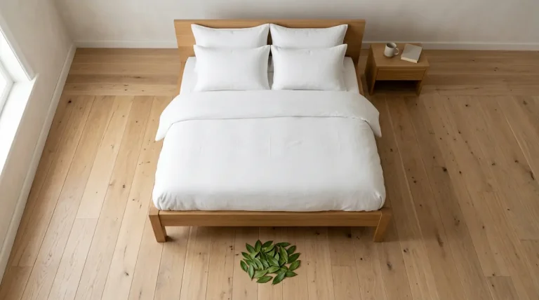 Een minimalistische slaapkameromgeving met laurierblaadjes onder het bed als natuurlijke slaaphack.