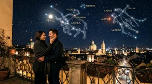 Een koppel kijkt samen naar de sterrenhemel die de invloed van Venus en Mars in april 2026 weergeeft.