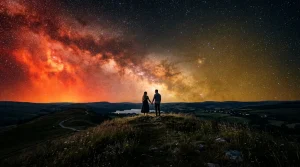 Een romantisch stel kijkt naar de sterrenhemel tijdens de astrologische verschuivingen van april 2026 tussen Mars en Venus.