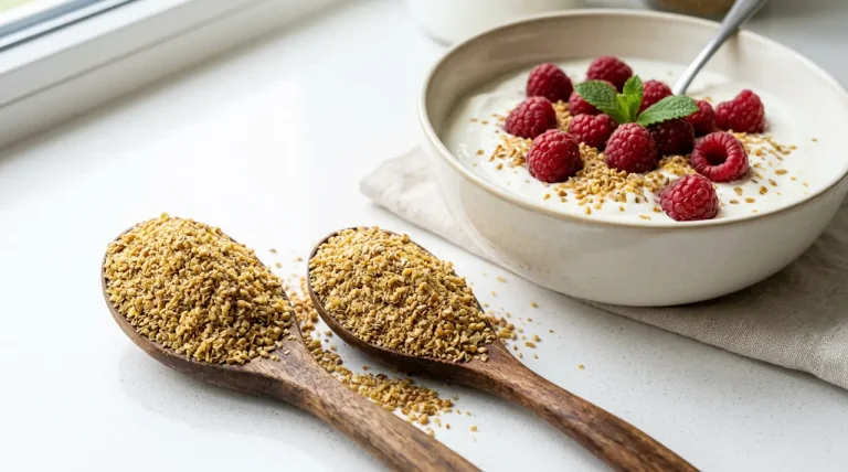 Twee houten lepels gevuld met gemalen lijnzaad naast een gezond ontbijt van kwark en fruit.