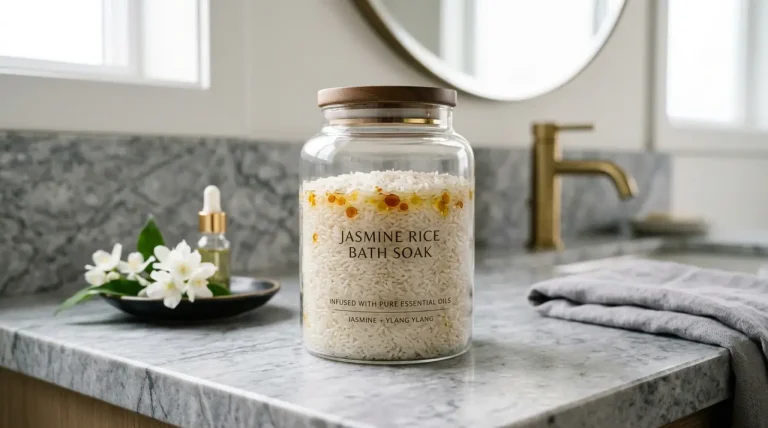 Een minimalistisch glazen potje gevuld met rijst en essentiële oliën op een luxe marmeren badkamerblad.