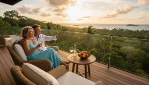 Een gelukkig echtpaar van in de vijftig geniet van het uitzicht op een tropisch landschap vanaf hun balkon.
