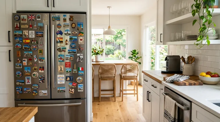 Een moderne koelkast versierd met kleurrijke magneten in een sfeervolle keuken.