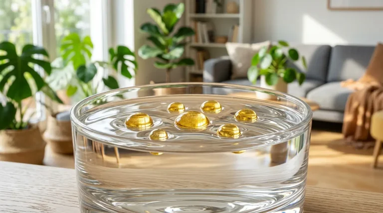 Close-up van zeven druppels essentiële olie die drijven op water in een glazen beker in een lichte woonkamer.