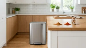 Een schone keuken met kaneelpoeder en cayennepeper op een aanrecht naast een prullenbak.