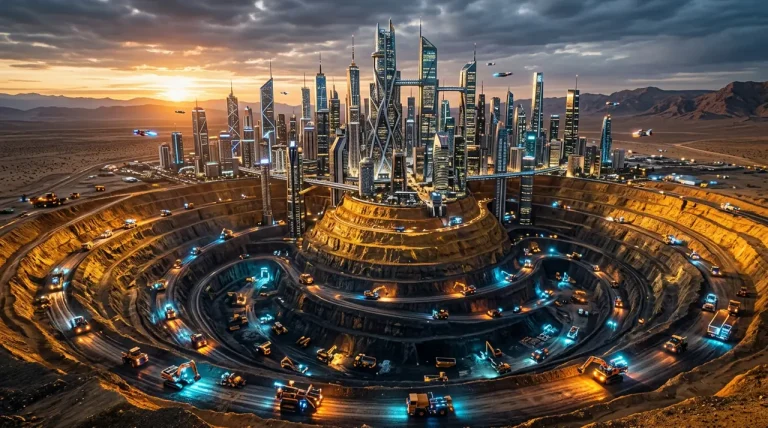 Een futuristische skyline van een stad die oprijst uit een enorme goudmijn in Oeganda met moderne extractietechnologie.