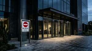 Een kantooringang met een waarschuwingsbord, ter illustratie van bedrijfsregels en arbeidsrecht.