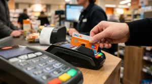 Een close-up van een hand die een bankpas in een betaalautomaat steekt bij een kassa in Nederland.