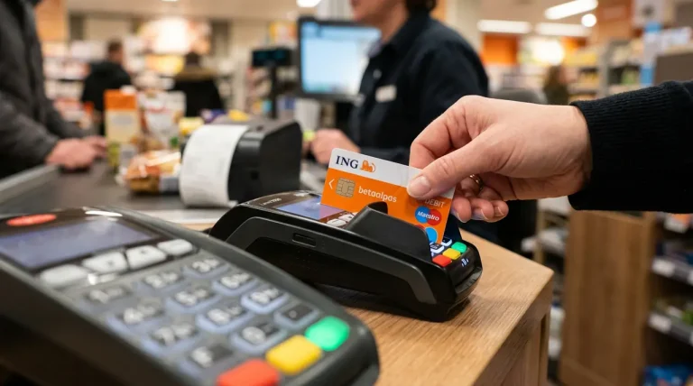 Een close-up van een hand die een bankpas in een betaalautomaat steekt bij een kassa in Nederland.