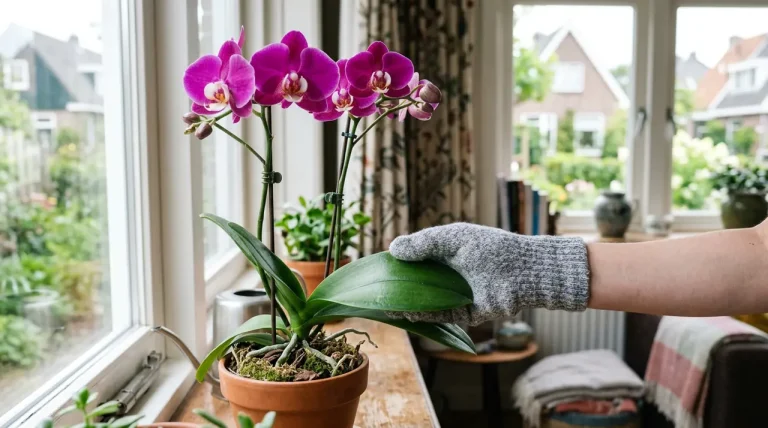 Een hand met een katoenen sok die voorzichtig het blad van een bloeiende paarse orchidee schoonmaakt voor een licht raam.