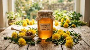 Een glazen pot gevuld met zelfgemaakte paardenbloemhoning omringd door verse paardenbloemen op een houten ondergrond.