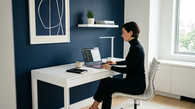 Een modern en minimalistisch kantoor ingericht met de kleuren blauw, zwart en wit voor optimale concentratie en autoriteit.