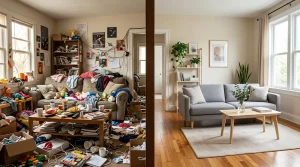 Een vergelijking tussen een rommelige en een opgeruimde woonkamer als metafoor voor mentale rust.