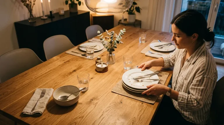 Iemand die direct na een maaltijd zorgvuldig de tafel afruimt in een sfeervolle eetkamer.