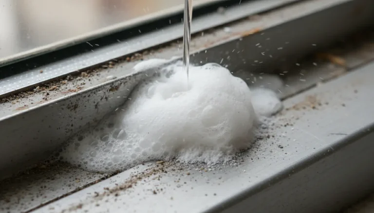 Een close-up van bruisend bicarbonaat en azijn in een vuile raamrail om opgehoopt stof te verwijderen.