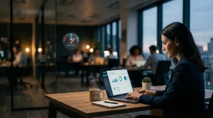 Een laptop op een bureau met op de achtergrond een vervaagde brandstofmeter die de link tussen thuiswerken en brandstofkosten illustreert.