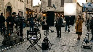 Een filmset met apparatuur waar twee acteurs op afstand van elkaar staan