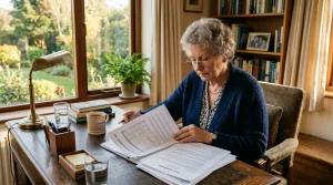 Een senior leest financiële documenten aan een tafel met een kop koffie