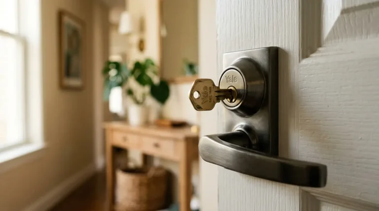 Een huissleutel die aan de binnenzijde in het deurslot is blijven zitten, wat een veiligheidsrisico vormt.