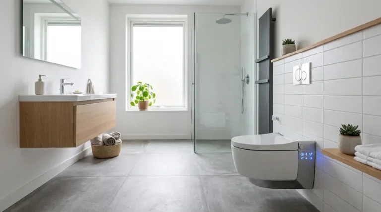 Een modern, minimalistisch ontworpen slim toilet in een lichte, eigentijdse badkamer.