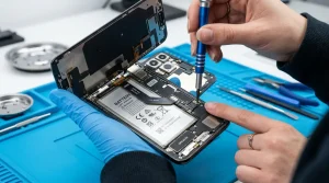 Een persoon die met simpel gereedschap de batterij van een moderne smartphone vervangt, in lijn met nieuwe EU-richtlijnen.