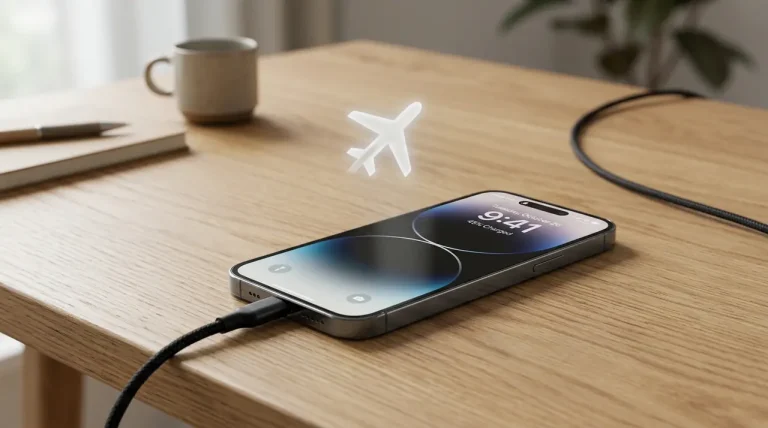 Een moderne smartphone die aan een oplaadkabel ligt op een houten bureau, wat staat voor efficiënt opladen.