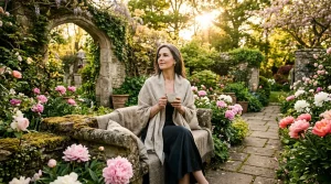 Een serene vrouw in een luxe tuin genietend van de voorjaarszon, wat de stabiliteit en groei van het Stier-seizoen symboliseert.
