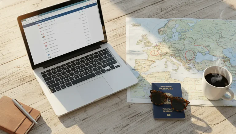 Een georganiseerd bureau met een laptop, wereldkaart en paspoort voor het plannen van een vakantie.