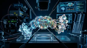 Wetenschappelijke visualisatie van hersenneuronen bij fruitvliegjes in relatie tot suikermoleculen.