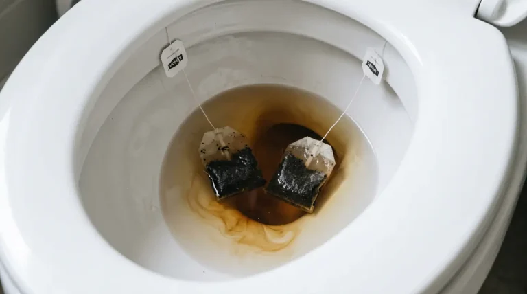 Twee zwarte theezakjes die in een schoon wit toilet drijven om kalk te verwijderen.