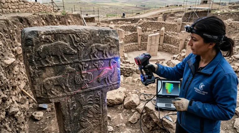 Een gedetailleerd 10.000 jaar oud stenen object met complexe gravures ontdekt in de regio Taş Tepeler in Turkije.