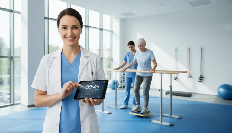 Een zorgverlener gebruikt een tablet voor tijdregistratie tijdens valpreventie-oefeningen in een moderne zorginstelling.