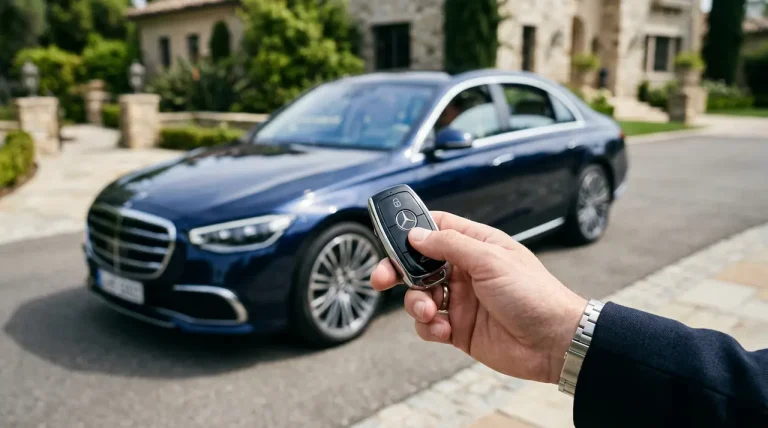 Een close-up van een moderne autosleutel waarbij de ramen van een voertuig op afstand worden bediend.