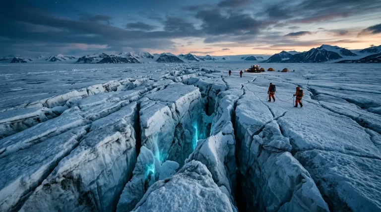 Een mysterieuze blauwe gloed die uit de diepe barsten van een uitgestrekte ijsvlakte op Antarctica straalt.
