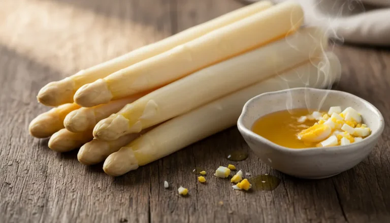 Een bos verse witte AA-kwaliteit asperges naast een kom gesmolten boter en gekookte eieren op een houten ondergrond.