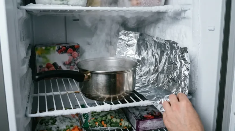 Binnenkant van een vriezer bedekt met aluminiumfolie en een pan met dampend water om ijs snel te laten smelten.