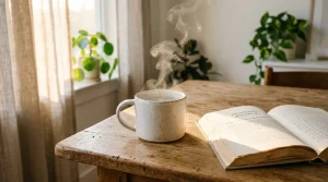 Een stomende mok warm water op een houten tafel in het ochtendlicht, als symbool voor een gezond dagelijks ritueel.
