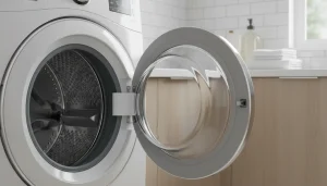 Een wasmachinedeur die op een veilige manier op een kier staat in een schone wasruimte.