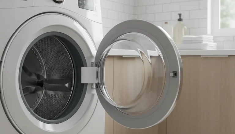 Een wasmachinedeur die op een veilige manier op een kier staat in een schone wasruimte.