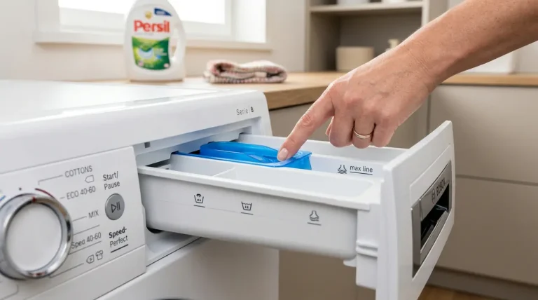 Detailfoto van een wasmiddellade met een blauw plastic inzetstuk voor het doseren van vloeibaar wasmiddel.