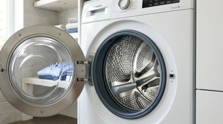 Een geopende, schone trommel van een wasmachine die klaar is voor gebruik.