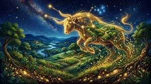 Een luxueuze en mystieke weergave van de overgang naar het Stier-seizoen met focus op groei en welvaart.