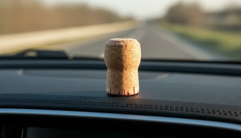 Een natuurlijke wijnkurk die strategisch op het dashboard van een auto ligt als onderdeel van een geldbesparende hack.